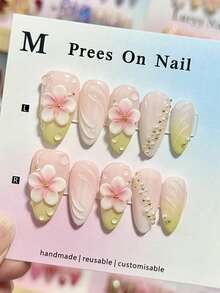 10片浅绿色雕刻杏仁形美甲贴片，手工制作可爱少女美甲贴片，可拆卸按压式美甲贴片，春夏款 - 彩色 - 查看 3