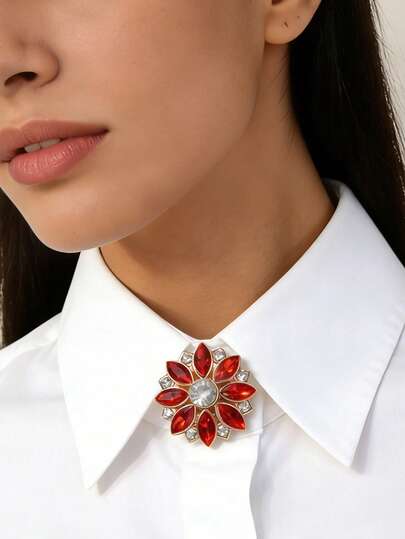 1件时尚简约奢华红色水晶花朵袖扣，女士胸针配饰，高端时尚服饰配饰，龟扣式，夹子，领带夹，女士配饰，女士派对奢华装扮袖扣，适合日常佩戴，可作为礼物送给朋友、情侣或家人。