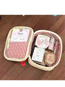 1个草莓刺绣网眼内衬化妆包 - 便携式日常化妆包，可爱韩式刺绣包，旅行必备，返校文具，铅笔盒 - A - 查看 2