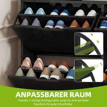 BALCONERA Schmaler Hochglanz Schuhschrank Weiß mit 4 Klappen & Schuhkipper, 120x24x106 cm (16-24 Paar), unterschiedliche Fachhöhen 37/43 cm für Flur - Schwarz - Übersicht 8
