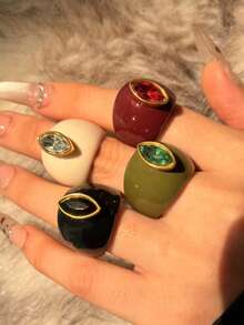 Set de 4 anillos de resina con diseño geométrico de moda, diseño minimalista único con rhinestones en negro, rojo, verde y blanco, adecuado para uso diario, festivales y fiestas - Multicolor - Ver 10