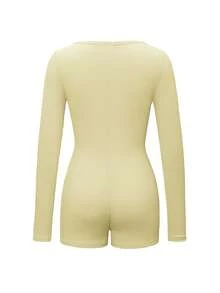 Bộ jumpsuit nữ Vaiaye cổ chữ V cài nút màu trơn tối giản - Jumpsuit ngắn tay dài ôm sát, phù hợp cho tập thể dục, thể thao ngoài trời gợi cảm đa năng, lễ tốt nghiệp, mùa tựu trường, jumpsuit dệt kim mùa thu/đông thanh lịch mùa xuân - Màu vàng - Xem 4