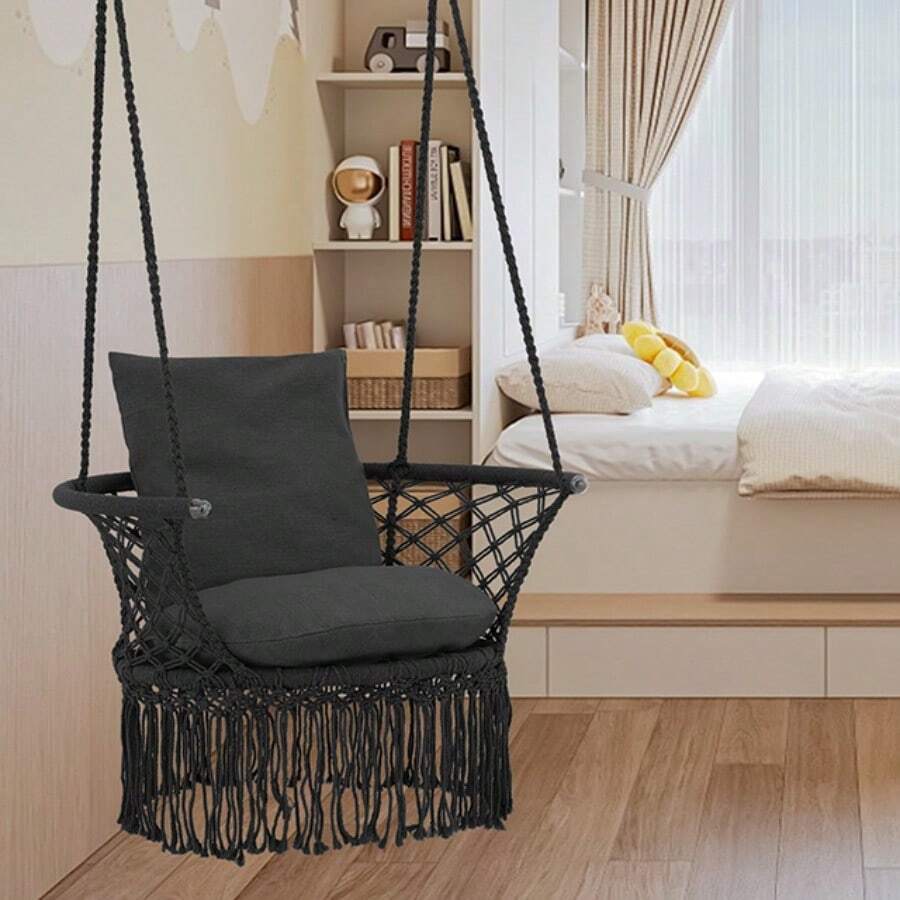 Macrame Hanging Swing Chair, Boho Style Cotton Rope Hammock Chair W/Tassels Max 350 Lbs For Bedroom, Living Room, Porch, Balcony - Black - View 1