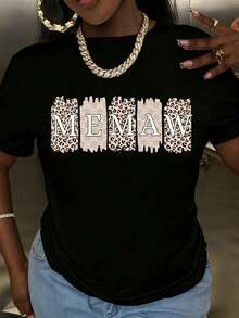 Women Memorial Day Leopard Print Memaw Graphic T-Shirt Fashion Holiday Casual Round Neck Short Sleeve Soft Comfortable Pure Cotton Fabric Perfect For Family Gatherings And Celebrations - 黑色 - 查看 1