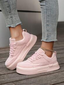 Giày thể thao nữ tối giản, màu trơn, phối nhiều mảng màu, buộc dây phía trước, kiểu dáng trượt ván, mũi tròn, đế cao, thoải mái, đa năng, thích hợp cho phong cách thường ngày. - Hồng - Xem 10