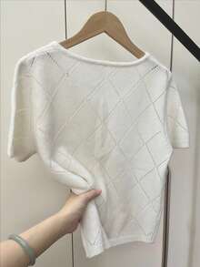 Solid Color Knit Fabric Hollow Out Ribbed Front Button Cardigan Short Sleeve Top, Everyday Wear Spring/Summer White - White - View 4