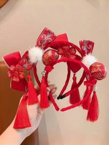 1件女童中国新年发箍，汉服新年蝴蝶结发箍，中国风红色发夹，带流苏的传统服饰发饰。 - 彩色 - 查看 4