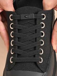 1pair Elastic No-Tie Shoe Laces With Switch Button, Black, Fits For Sneakers, Sports Shoes, Casual Shoes,White Shoes,Basketball Shoes, Trainers Running Shoes Summer, Shoes Accessories - 黑色 - 查看 2