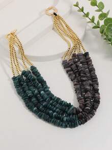 Collar de cuentas multicapa retro, combinación de cuentas de oro lujosa, cadena de clavícula con broche OT, diseño único con piedras dispersas, collar de atmósfera versátil - Cuentas de guijarros de colores - Ver 5