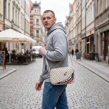 1pc Black/Beige Windmill Pattern PU Leather Messenger Bag With Shark Mouth Print, Stylish, Fashionable, , High-End For Men - Multicolor - View 5