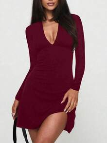 Sexy & Fashionable Ruched V-Neck A-Line Long Sleeve Mini Dress, New Arrival For Autumn - Red - View 5