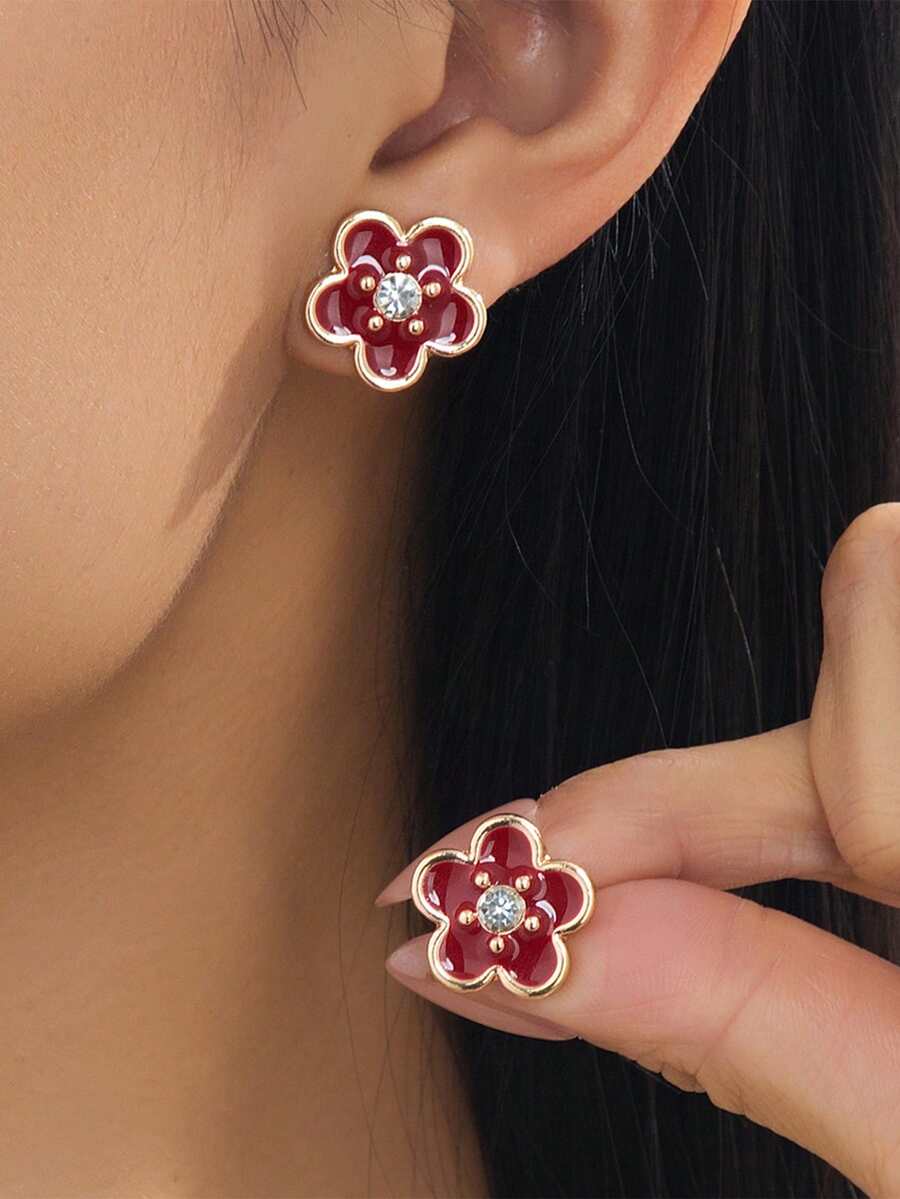 1 Pair Handmade Luxurious Elegant Burgundy Sparkling Lucky Clover Stud Earrings For Women - Burgundy - View 1