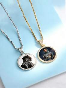 Customized Sparkling Cubic Zirconia Round Pendant Necklace, DIY Personalized Photo Round Pendant Necklace With Shiny Zirconia Inlay, Customized Stainless Steel Name Necklace, Customized Sparkling Crystal Pendant Necklace - Multicolor - View 7