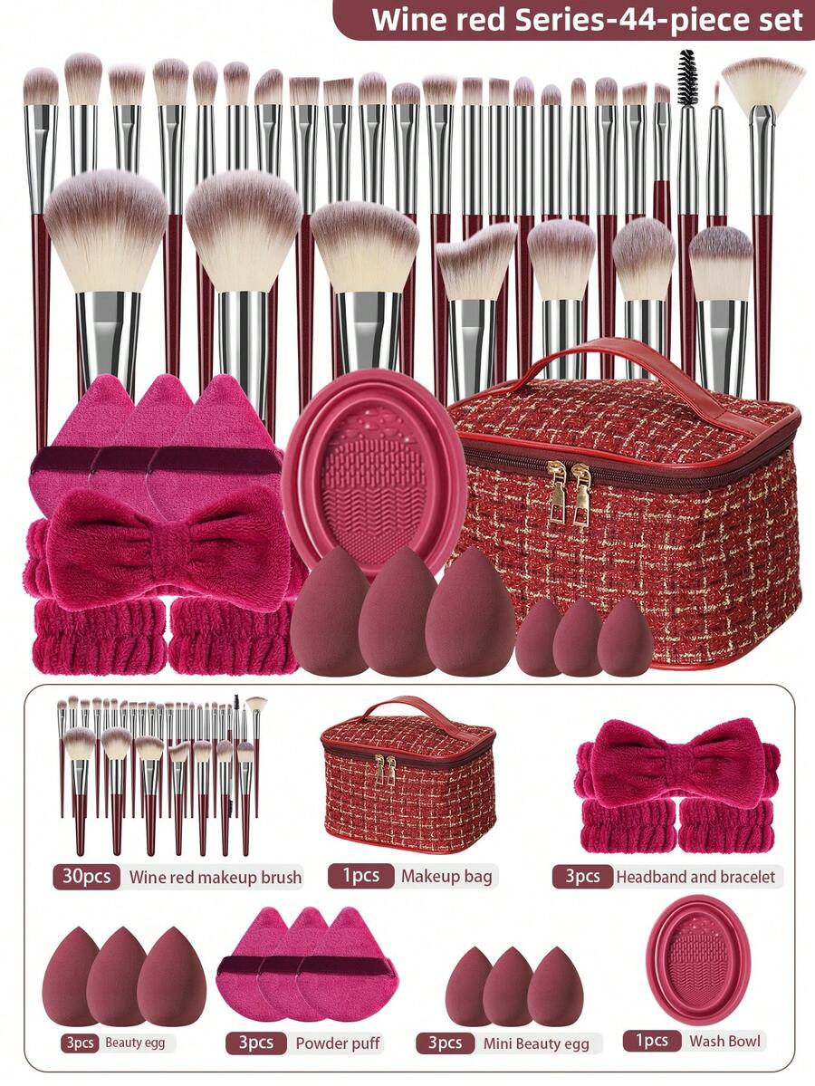 44支/30支/6支/1支全套化妆刷套装，包含30支柔软的化妆刷，例如散粉刷、腮红刷、修容刷、高光刷、粉底刷、鼻影刷、眼影刷、眉刷。 - 酒紅色 - 查看 1