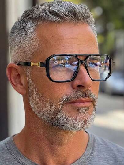 1副男士亮黑色PC镜框个性化双梁时尚旅行休闲无度数眼镜