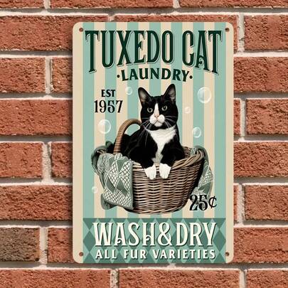 1件复古黑白猫咪洗衣店主题金属墙饰，创意家居装饰挂件，适用于客厅、卧室、咖啡厅、酒吧、农舍风格