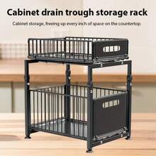 2-Tier Pull Out Cabinet Organizer-Cabinet Storage Rack Easy Sliding Storage Rack For Kitchen And Bathroom Sinks Heavy-Duty Carbon Steel Kitchen & Bathroom Storage Shelf With Adjustable Shelves, Hooks & Sliding Drawers - Space-Saving Cabinet Organizer For Utensils, Spices, Cleaning Supplies - Easy Installation - màu đen - Xem 4