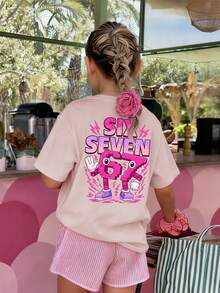 Tween Girls Casual Printed Round Neck Short Sleeve T-Shirt, Summer Top - Pink - View 7