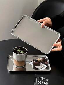 1pc 304 Stainless Steel Rectangular Tray, Ins Style Serving Platter, Bread Plate, Dessert Plate, Coffee Tray, Suitable For Family Gatherings - Silver - View 9