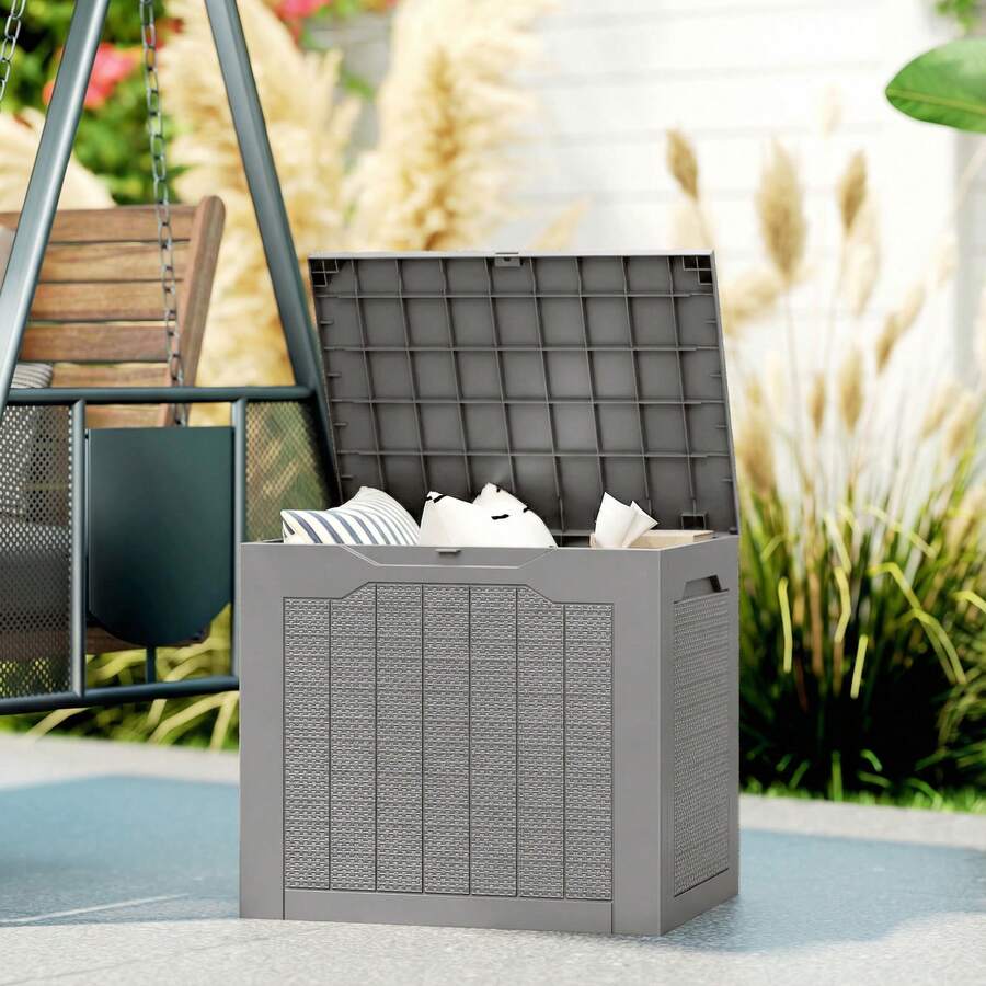 Outsunny 93L Plastic Garden Storage Box, Outdoor Storage Box With Handles, Waterproof Outdoor Storage Container For Garden Tools And Accessories, Khaki - B - View 1