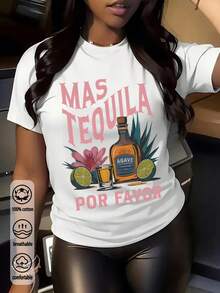 Wiosenno-letni styl uliczny, swobodny i modny, prosty i zabawny, codzienny strój sportowy na festiwal Y2K – wygodna damska bawełniana koszulka z nadrukiem "Mas Tequila", przewiewny krój, idealna na różne okazje: eleganckie wakacje, swobodna impreza, plaża, siłownia, karnawał walentynkowy - Biały - Zobacz 3