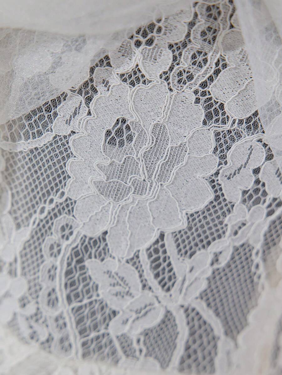 Elegant Lace Contrast Mesh Off-Shoulder Spaghetti Strap Trailing Wedding Dress - Beige - View 1