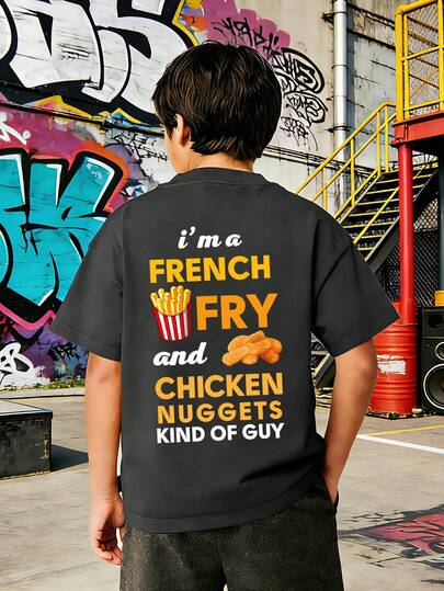 Tween Boy "I'M A FRENCH FRY AND CHICKEN NUGGETS KIND OF GUY" Funny French Fry & Chicken Nuggets Print T-Shirt, Suitable For Daily Wear, Parties And Gatherings, Fashionable Summer Top For Boys