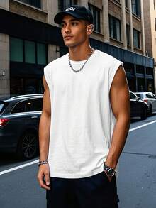Men's Solid Color Minimalist Loose Fit Sleeveless Vest, Suitable For Sports, Casual, Home, Travel And Other Scenarios In Summer White - White - View 1