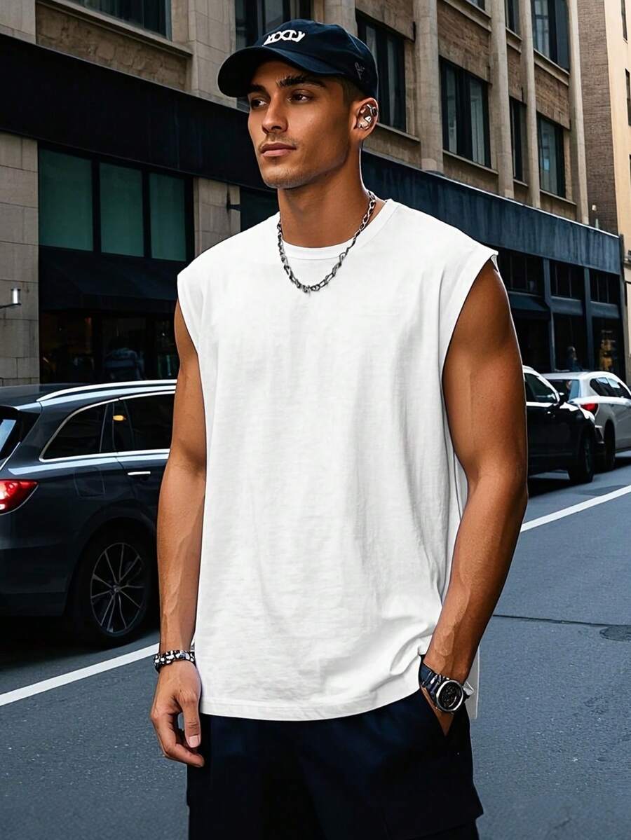 Men's Solid Color Minimalist Loose Fit Sleeveless Vest, Suitable For Sports, Casual, Home, Travel And Other Scenarios In Summer White - White - View 1
