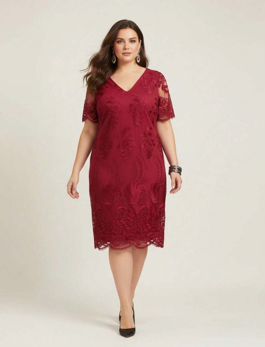 Plus Size Midi Dress In Embroidered Tulle With Elegant Lining For Parties And Events - 紅色 - 查看 1