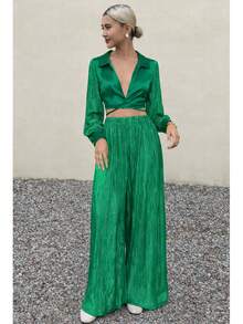 Conjunto elegante para mujer de 2 piezas  top con tela de satén y pantalones holgados - Verde - Ver 2