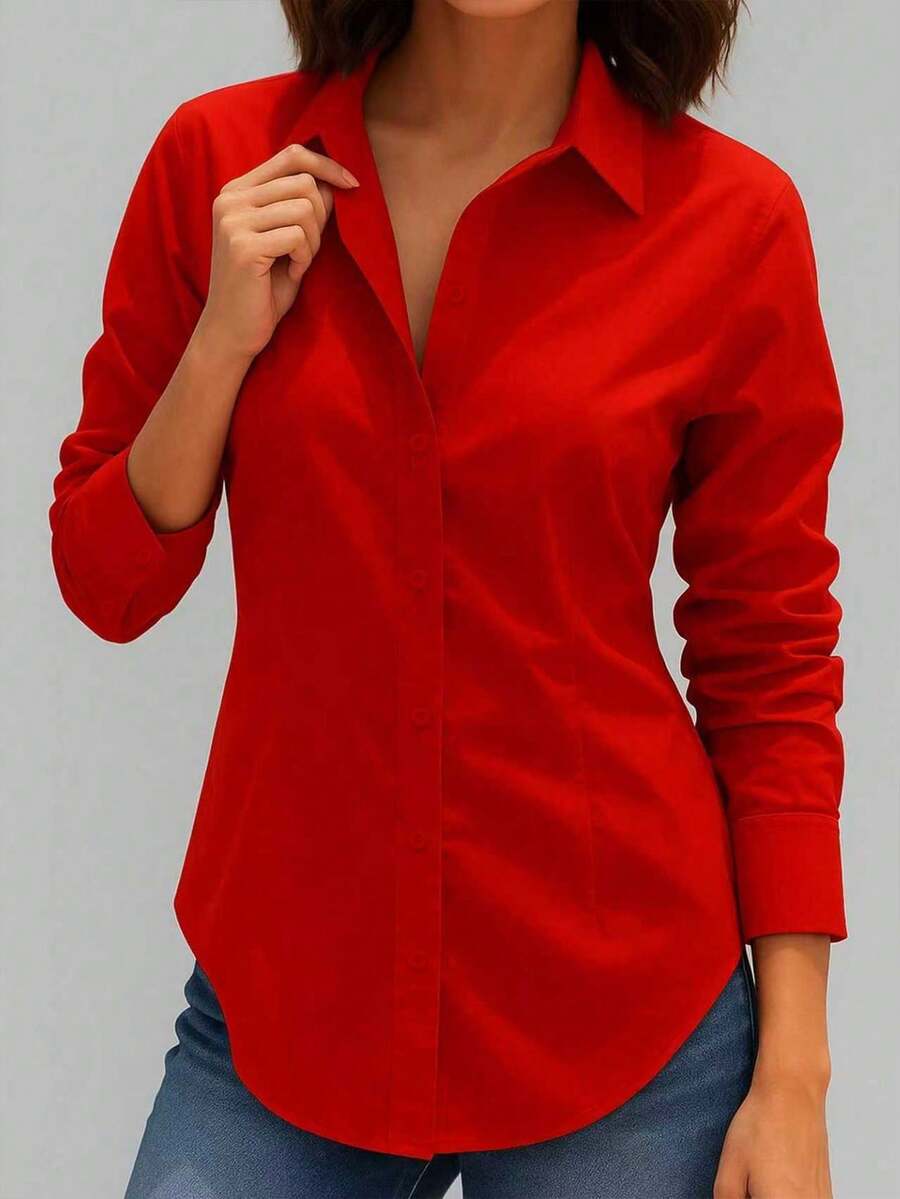 Camisa casual/de trabajo de manga larga, de un solo pecho, de unicolor rojo primavera para mujer - Rojo - Ver 1