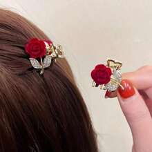 2pcs Mini Red Rose Rhinestone Shiny Hair Clips, Princess Sparkling Hairpins For Bangs, Ponytail, Elegant Hair Accessories, School Stuff, College Fall Winter Claw Clip For Vacation Outfits Woman Flower Hair Clip - 紅色 - 查看 4