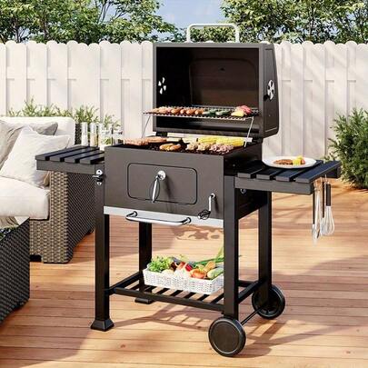 Commercial BBQ Black Charcoal Grill Grill, Portable Grill, Height Adjustable Deluxe Enamelled Charcoal Tray And Thermometer For Parties, Camping, Terraces, Gardens