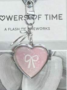 1pc Pink Heart-Shaped Double-Sided Folding Compact Mirror Makeup Bag With Metal Keychain - Multicolor - View 2