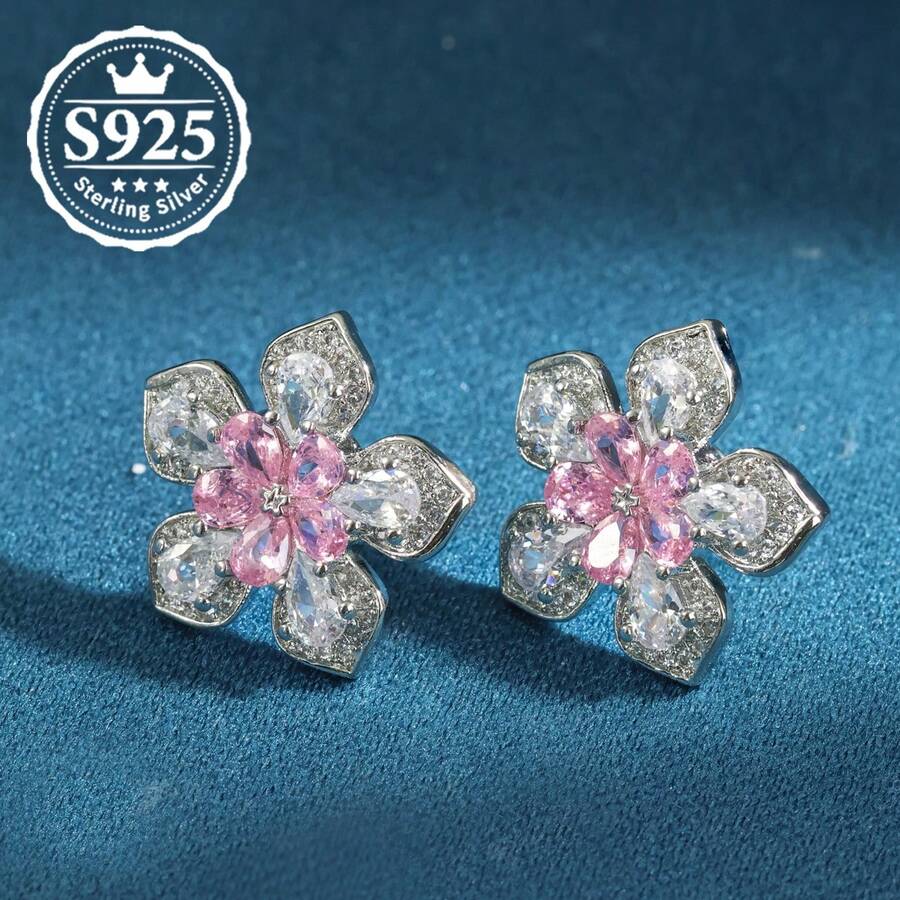 一对S925镀银樱花耳环，设计优雅精致，适合日常佩戴、音乐节、圣诞节礼物、斋月饰品。 - 銀色 - 查看 1