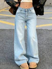Quần jeans ống đứng dáng rộng kiểu vintage dành cho nữ cỡ lớn, phong cách thường ngày, thích hợp cho mùa xuân. - Rửa nhẹ - Xem 1
