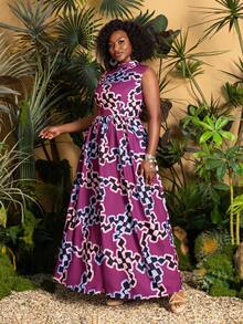 Faeriesty Plus Size Women Jacquard Sleeveless Stand Collar A-Line Maxi Dress, Loose And Slimming - Hot Pink - View 7