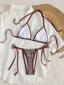 PEPPERMOLLY 2件套女士性感豹纹吊带露背侧系带比基尼套装，2026春夏动物纹泳装，豹纹比基尼，猎豹纹比基尼，度假比基尼，2026复古豹纹性感超迷你比基尼套装，撞色滚边，复古风两件式泳衣，侧边系带可调节，性感泳装，完美适用于海滩度假和泳池派对，必备时尚泳装，经典动物纹印花，修身剪裁。 - 棕色 - 查看 5