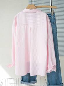 粉白条纹蝴蝶结衬衫，女士新款宽松薄款长袖衬衫，适合秋冬季节，休闲学院风 - 粉色 - 查看 6