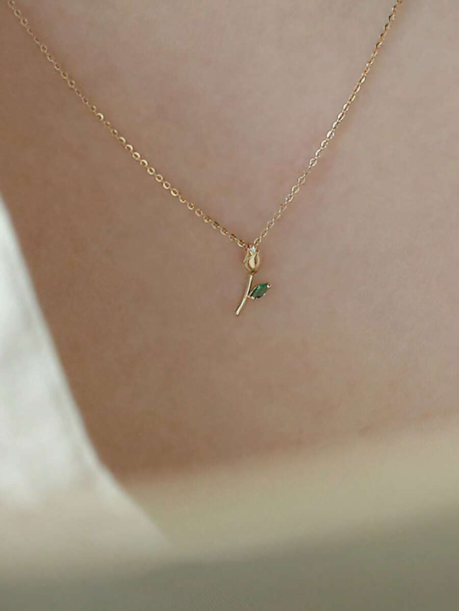 1件S925纯银镶嵌锆石浪漫花朵吊坠项链，精致玫瑰花设计，优雅颈链，女士礼物 - 玫瑰花 - 查看 1