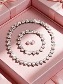 CVNANA 3pcs Set Cute Light Pink Heart Shaped Cuban Link Necklace + Bracelet Matched With Cubic Zirconia Heart Stud Earrings, Hip Hop Style Chain, Luxury Jewelry Set, Suitable For Valentine's Day, Birthday, Music Festival Gift - Heart Shape - View 9