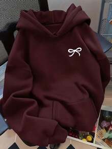 Cute Versatile Bow Pattern Women's Long Sleeve Pocket Casual Sweatshirt - 酒紅色 - 查看 1