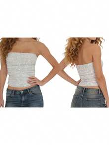 Women's Sequin Slim Tube Tops Solid Shiny Strapless Bandeau Ruched Slim Fit Cropped Vest - Grey - View 7