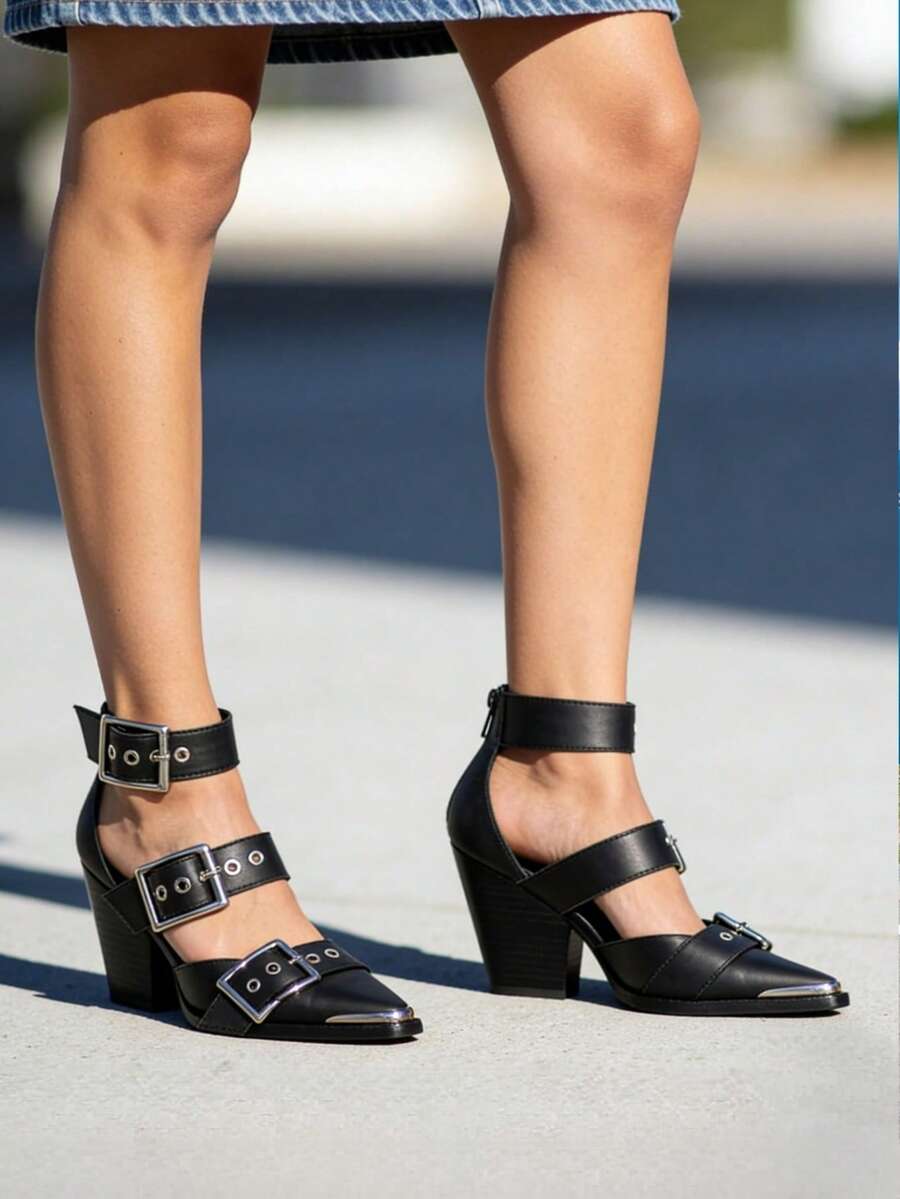 Women's Chunky Heel Western Sandals Back Zip Pointed Toe Pumps Sandals Wedge Heeled Pumps With Metal Buckle Ankle Strappy Fashion Casual Dress High Heel Shoes - 黑色 - 查看 1