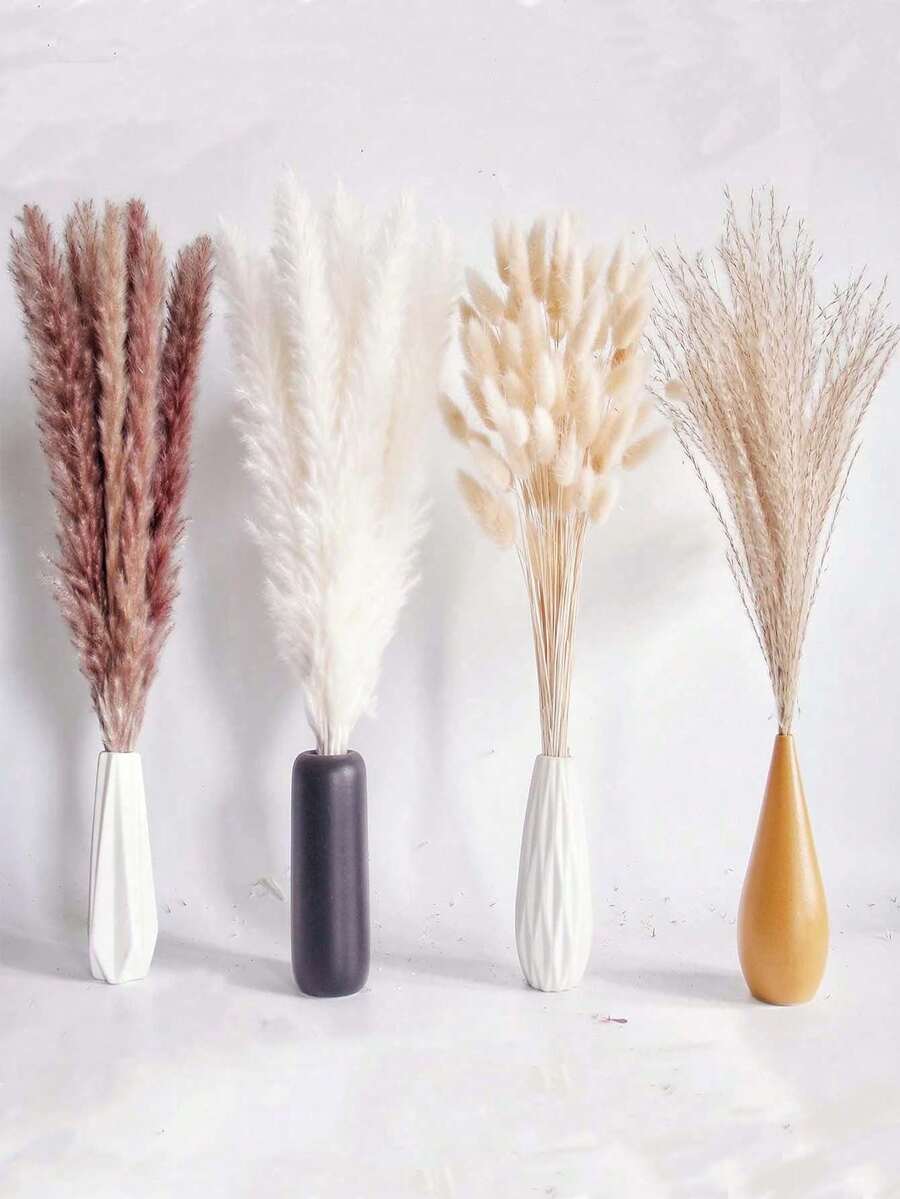 Un conjunto de 100 flores secas variadas: 50 de cola de conejo, 15 juncos pequeños de color natural, 15 juncos pequeños blancos y 20 mechones suaves de color natural. Adornos de paja de estilo rústico para arreglos florales de mesa en la sala de estar. - Multicolor - Ver 1