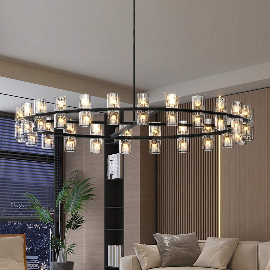 Arlgsite Modern 48 Inch Black Round Chandelier Light Fixture, Crystal For Dining Room, Living Room, Wagon Wheel Over Table - 48in - View 1