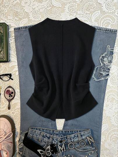 Women's Sleeveless Knitted Top With Visible Stitching, Slit Hem, Pleated Waist, Perfect For Spring And Summer. Casual Stretch Sleeveless Knit Top, Versatile Spring/Summer Knitted Top, Fashionable And Casual, Summer Top, Simple Style, Suitable For Outdoor Wear, Women's Air-Conditioned Cardigan, Summer Clothing, Summer Holiday Outfits, Summer Tops.