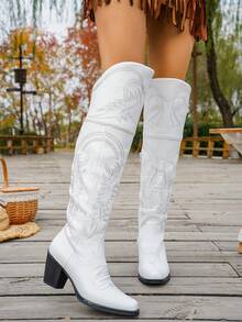 New Embroidered Thick Heel Square Toe Zipper Side Retro Western Boots For Women - White - View 6