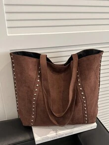1 chiếc túi xách nữ thời trang màu nâu mới, chất liệu da lộn phối nhiều mảng màu, túi đeo vai cỡ lớn có đinh tán, kiểu dáng tối giản thanh lịch, đa năng. - màu nâu - Xem 4